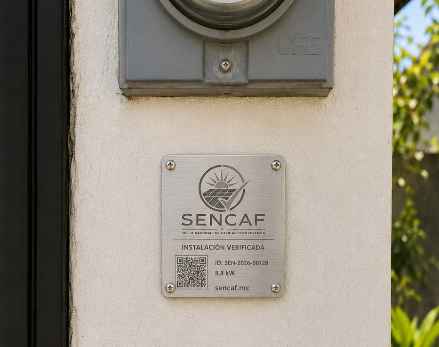 Placa metálica SENCAF instalada junto a medidor CFE — Instalación verificada